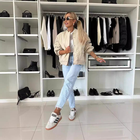 Damen lässige Steppjacke mit Knopfverschluss und elastischen Bündchen R&B