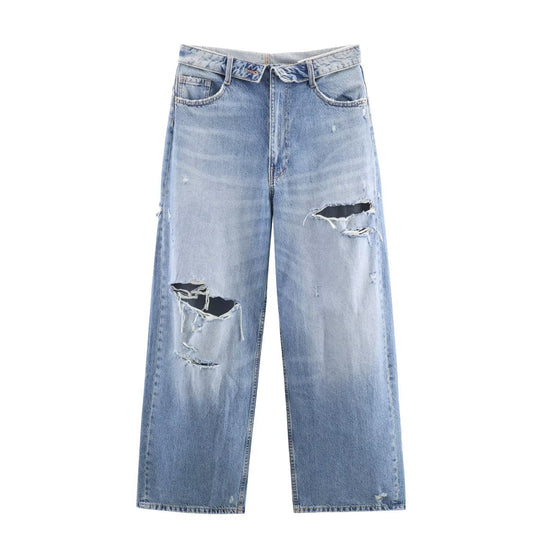 Damen hochwertige Destroyed Jeans im lässigen Baggy-Stil mit modernen Akzenten R&B