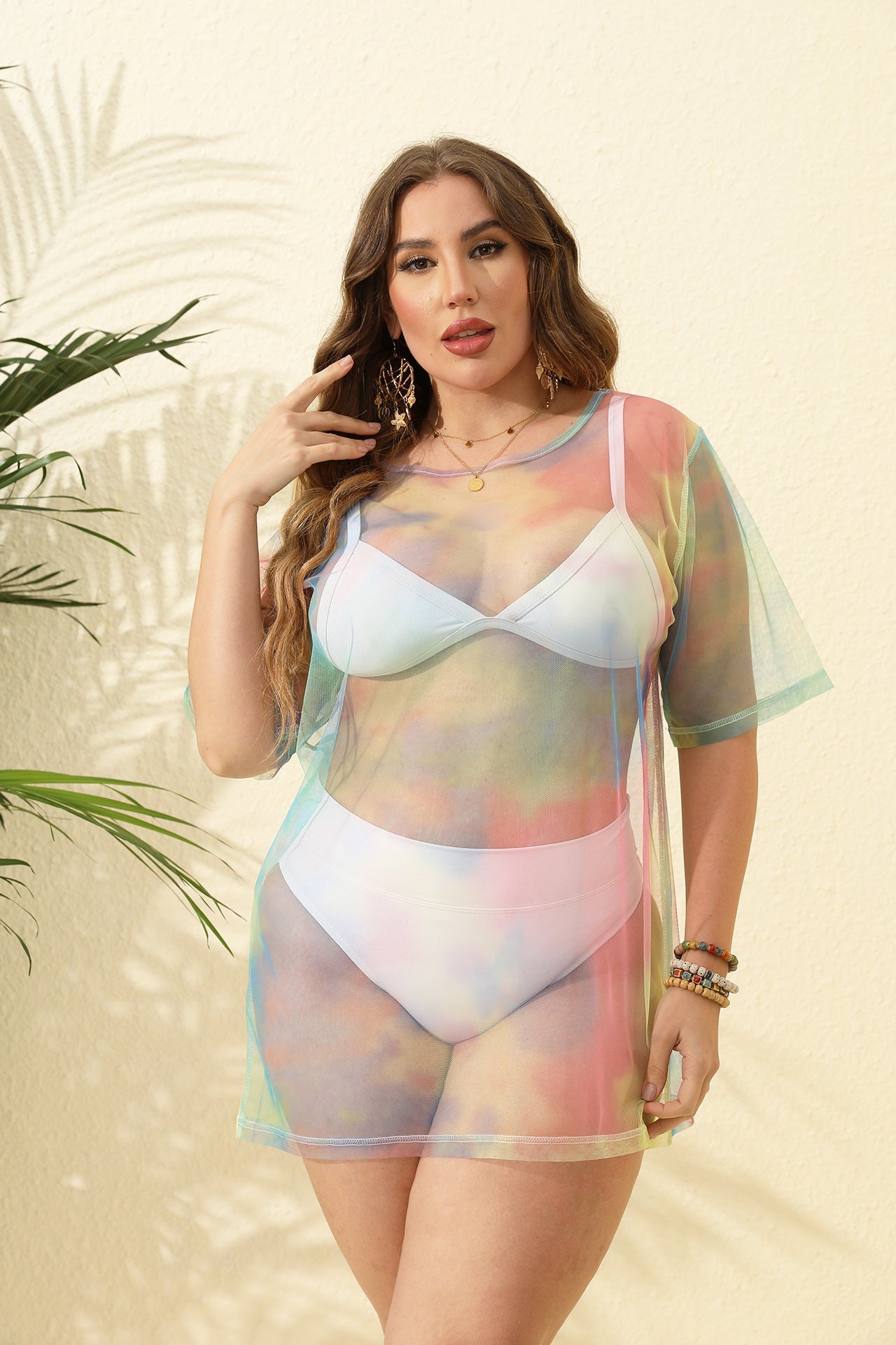 Damen transparenter Strandüberwurf aus leichtem Netzmaterial R&B