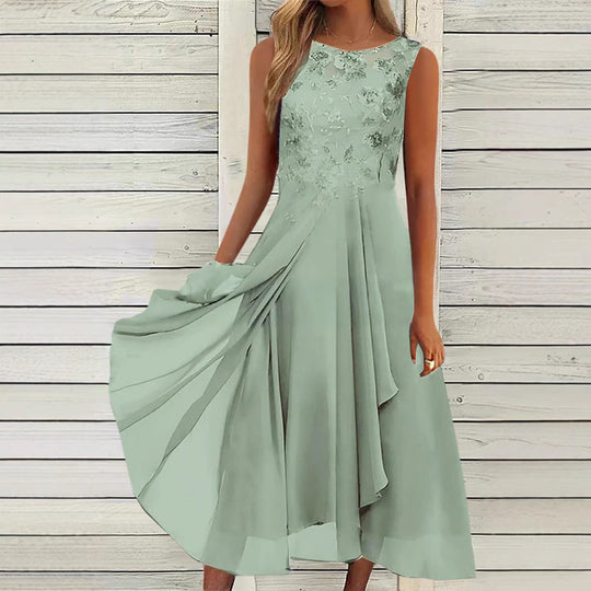 Damen nan ärmelloses Chiffon-Midikleid mit bestickter Brustpartie und asymmetrischem Lagenrock R&B