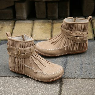 Damen Moccasin-Stiefeletten mit Fransen und dekorativem Schnallen-Design