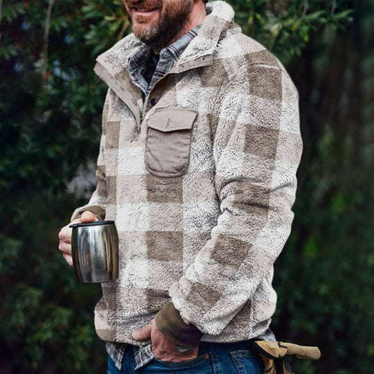 Herren Fleece-Pullover mit Karomuster und Hohem Kragen R&B