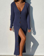 Damen Strickkleid mit Knopfleiste und Schlitzausschnitt R&B