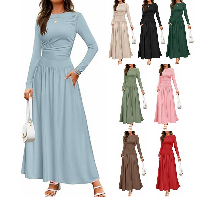 Damen Langärmliges Maxikleid mit eleganten Rüschendetails und praktischen Taschen