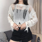 Damen lässiges Cropped Strickoberteil mit Cut-Outs und ausgefranstem Design R&B