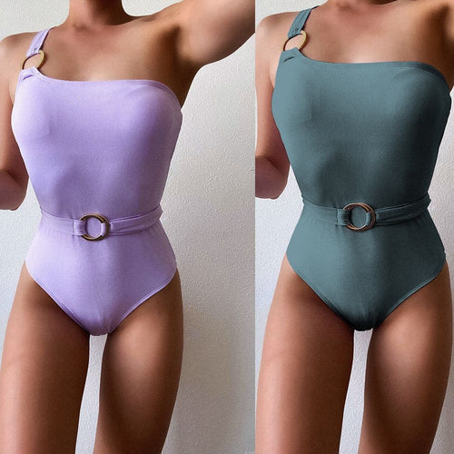 Damen Einteiliger Badeanzug mit modischem Taillengürtel R&B