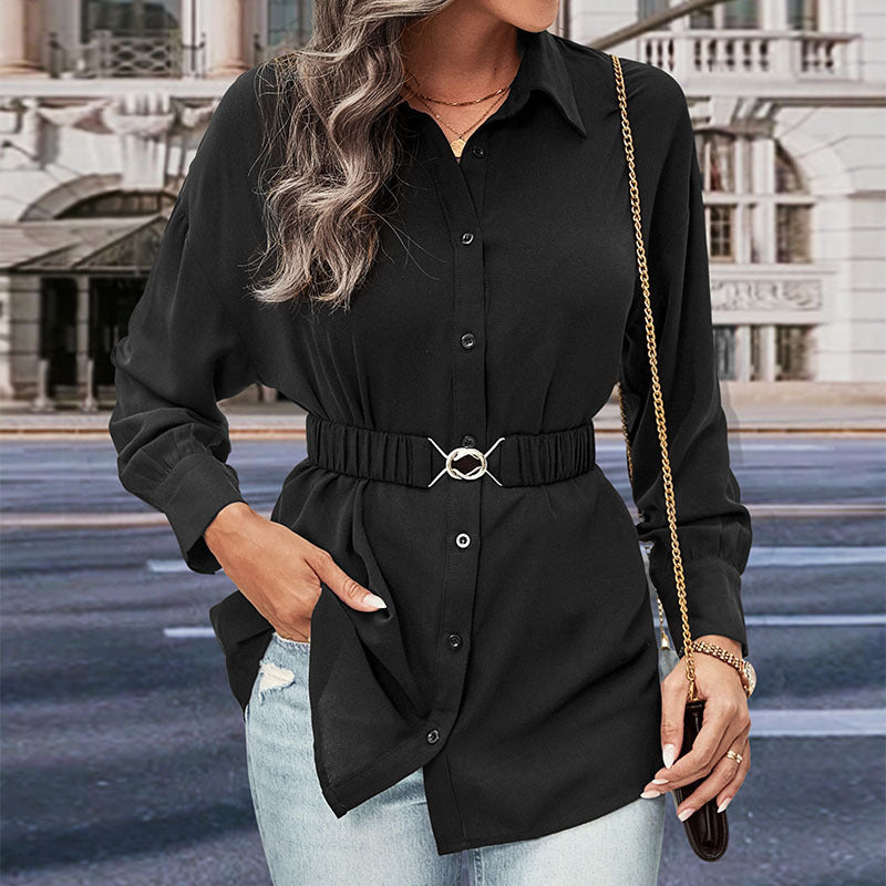 Damen Bluse mit taillierbarem Gürtel und klassischem Knopfdesign R&B