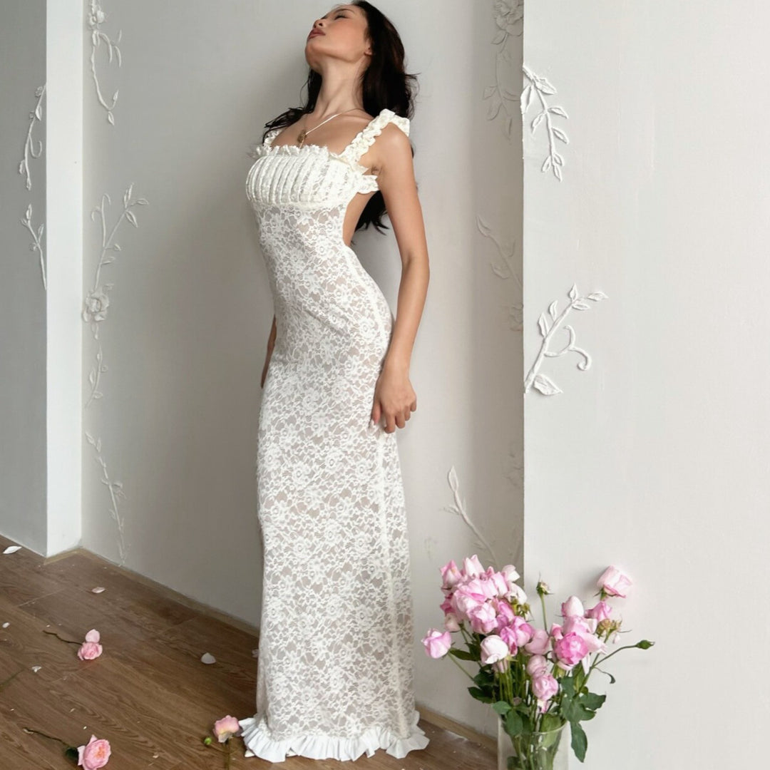 Damen Spitzen-Maxikleid mit Rüschendetails und elegantem Schnitt R&B