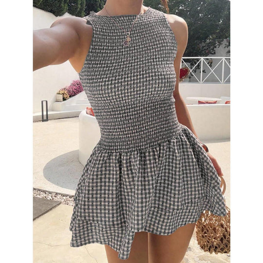 Damen ärmelloses Mini-Dress mit Karomuster und elastischem Bund R&B