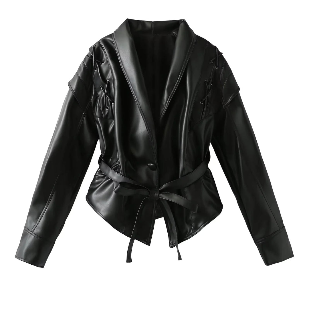 Damen Kunstlederblazer im modernem Design mit praktischem Gürtel R&B