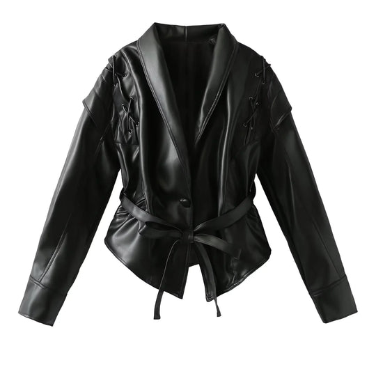 Damen Kunstlederblazer im modernem Design mit praktischem Gürtel R&B