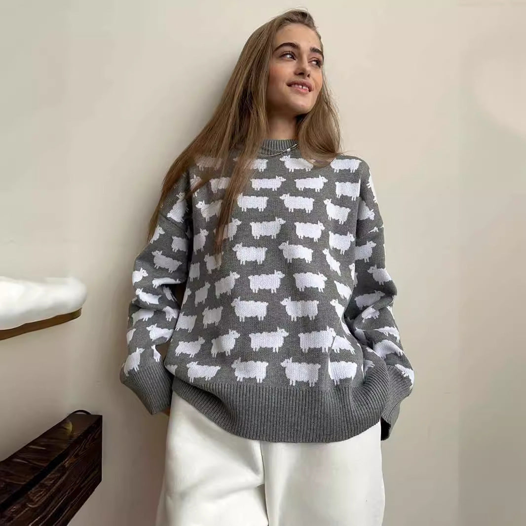 Damen Gemusterter Strickpullover mit Schafmotiven R&B