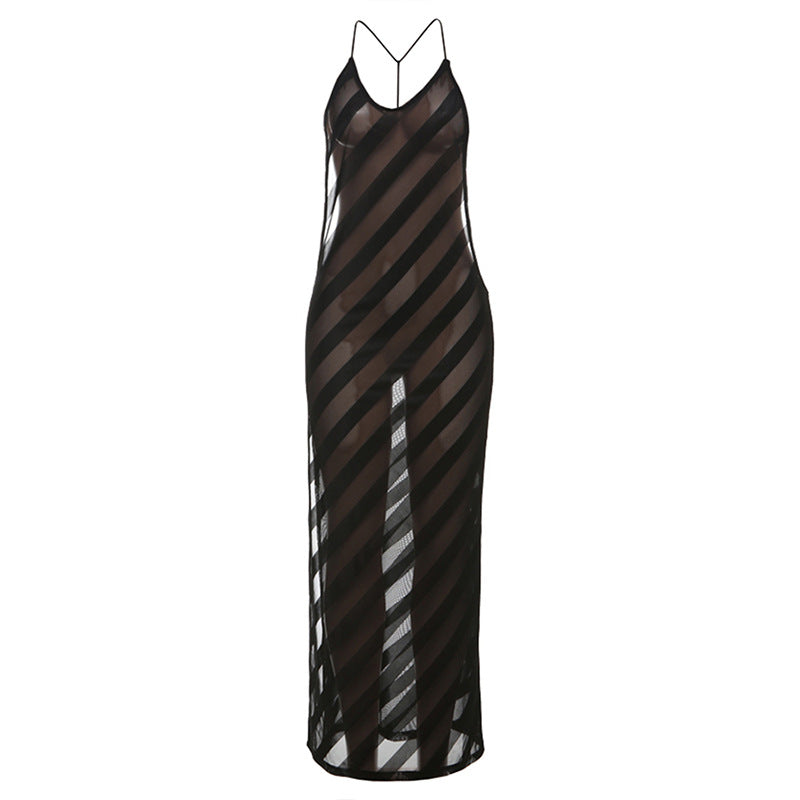 Damen elegantes Maxikleid mit tiefem Rückenausschnitt und feinem Streifenmuster R&B