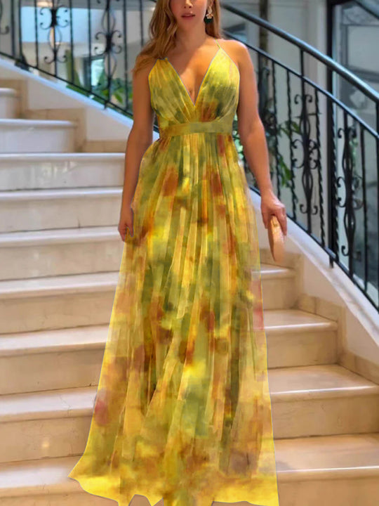 Damen Maxikleid mit tiefem V-Ausschnitt und fließendem Chiffon R&B