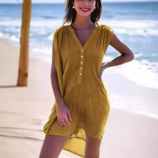 Damen Sommerliches Strandkleid mit kurzer Knopfleiste und V-Ausschnitt R&B