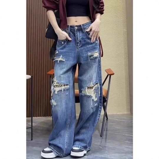 Damen Baggy-Jeans mit modischen Rissdetails und hohem Taillenbund R&B