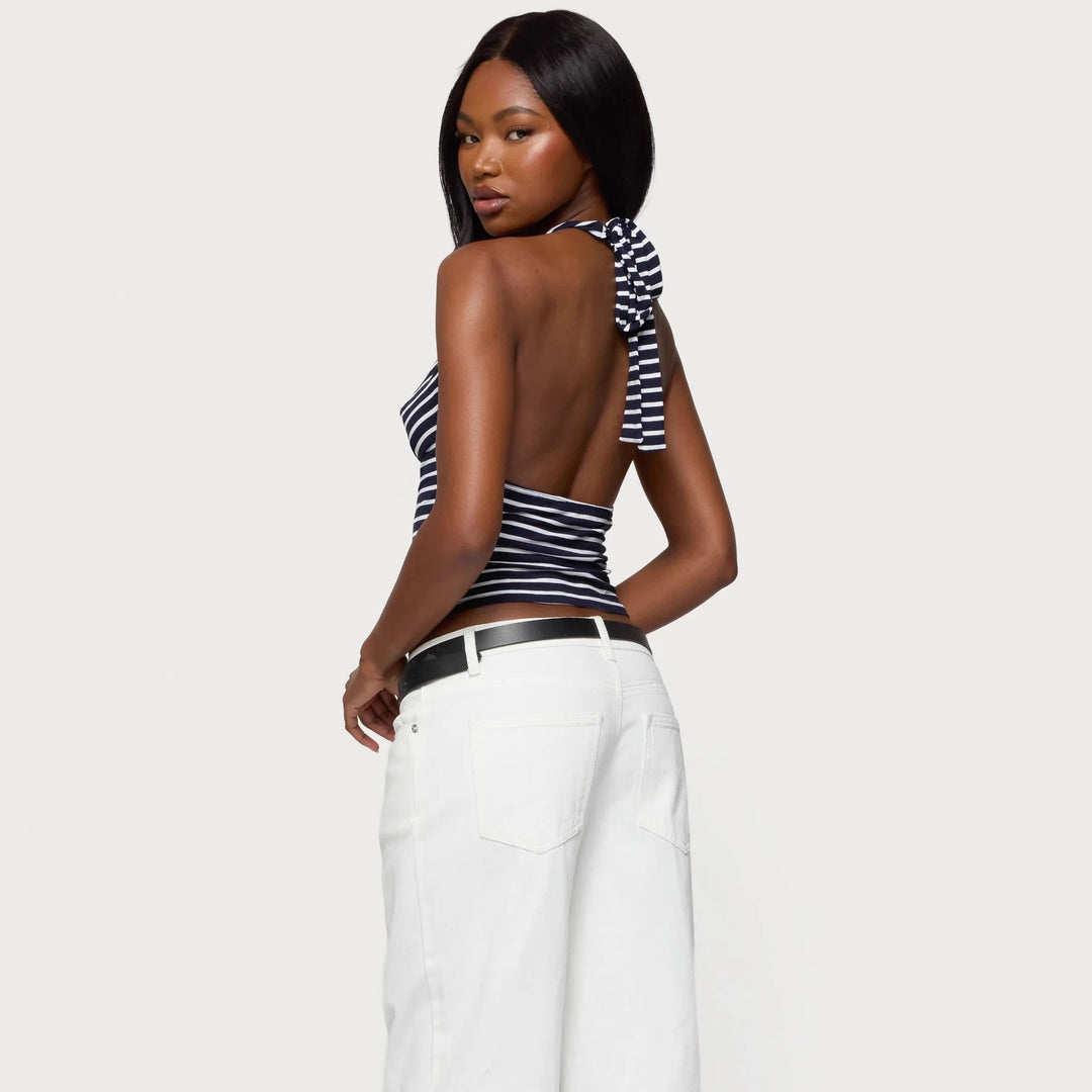 Damen Haltertop mit modischem Wasserfallausschnitt und Streifenmuster R&B