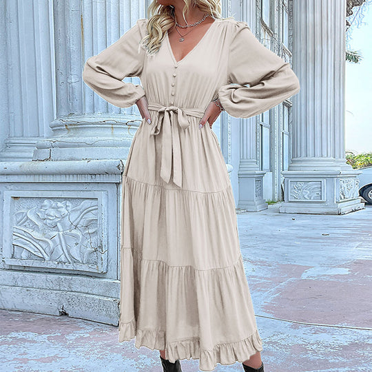Damen Maxikleid mit Knopfleiste, Taillengürtel und Rüschensaum R&B