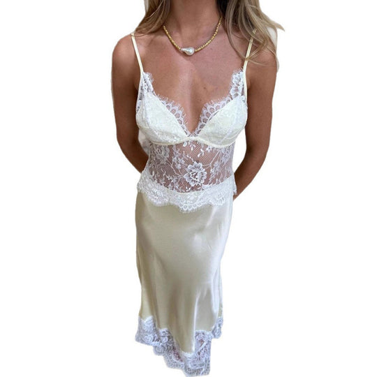 Damen Elegantes Nachtkleid mit transparentem Spitzeneinsatz und verstellbaren Trägern R&B