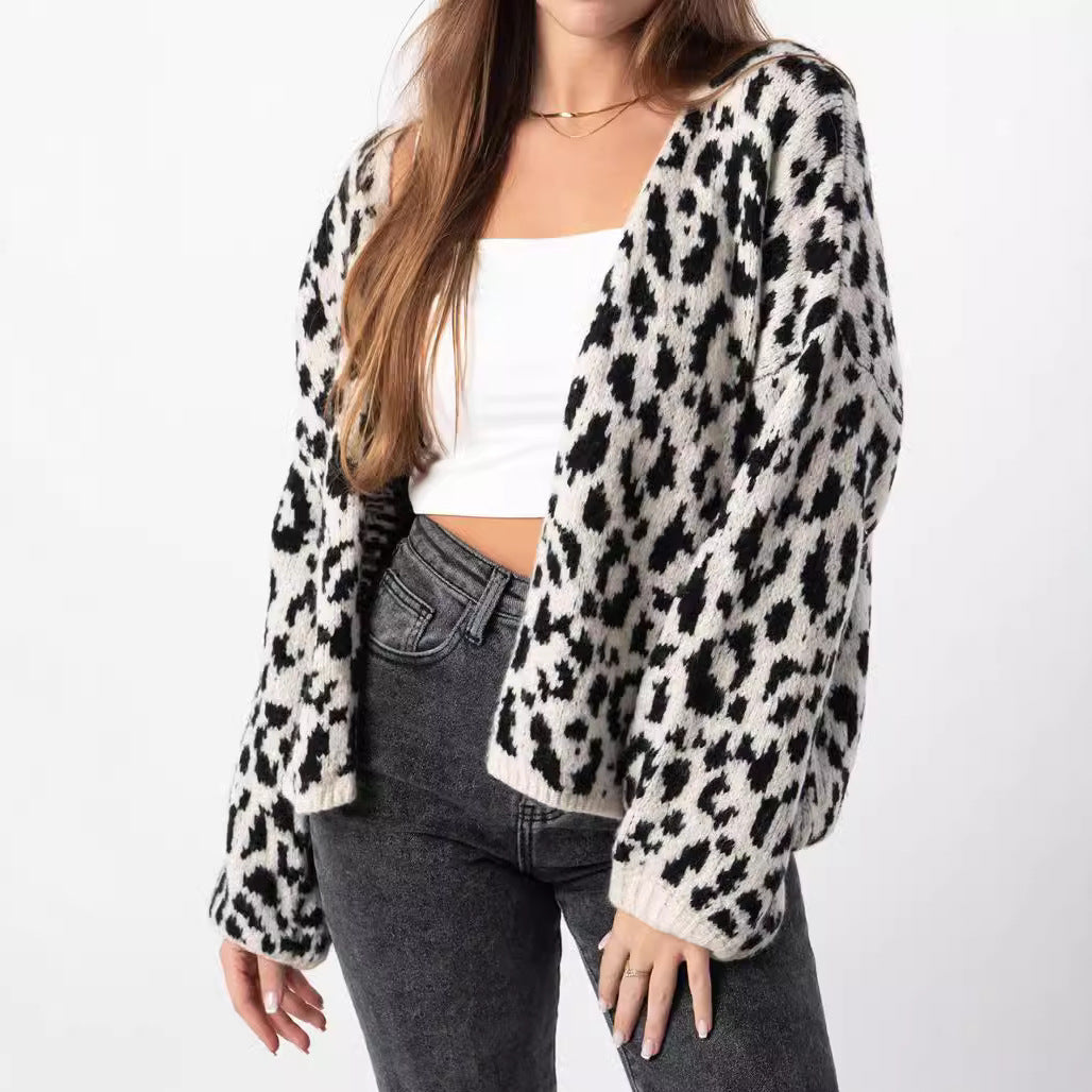 Damen grob gestrickter Cardigan mit stilvollem Leopardenmuster und bequemen Oversize-Details R&B