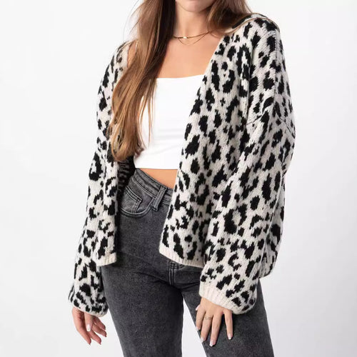 Damen grob gestrickter Cardigan mit stilvollem Leopardenmuster und bequemen Oversize-Details R&B
