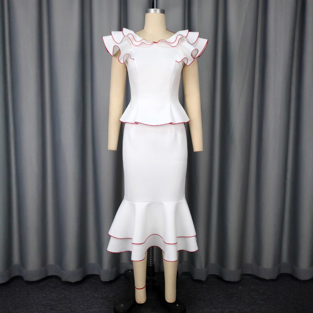 Damen figurbetontes Kleid mit voluminösem Rüschensaum und farbigem Akzent R&B