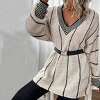 R&B | Pullover - Damen Winter Gestreifter V-Ausschnitt Strickpullover