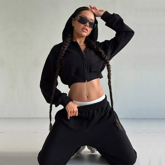 Damen Sportliches Zipper Hoodie und weite Jogginghose Set R&B