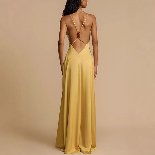 Damen Elegantes Maxikleid mit tiefem V-Ausschnitt und fließendem Schnitt R&B