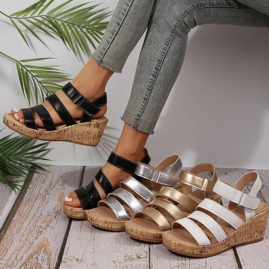 Damen Wedge-Sandalen mit dekorativen Riemen und Korksohle R&B