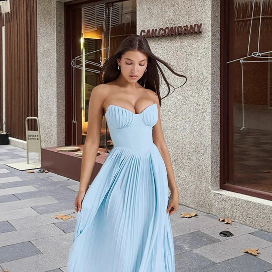Damen Plissiertes Maxikleid mit herzförmigem Ausschnitt und elegantem Schnitt R&B