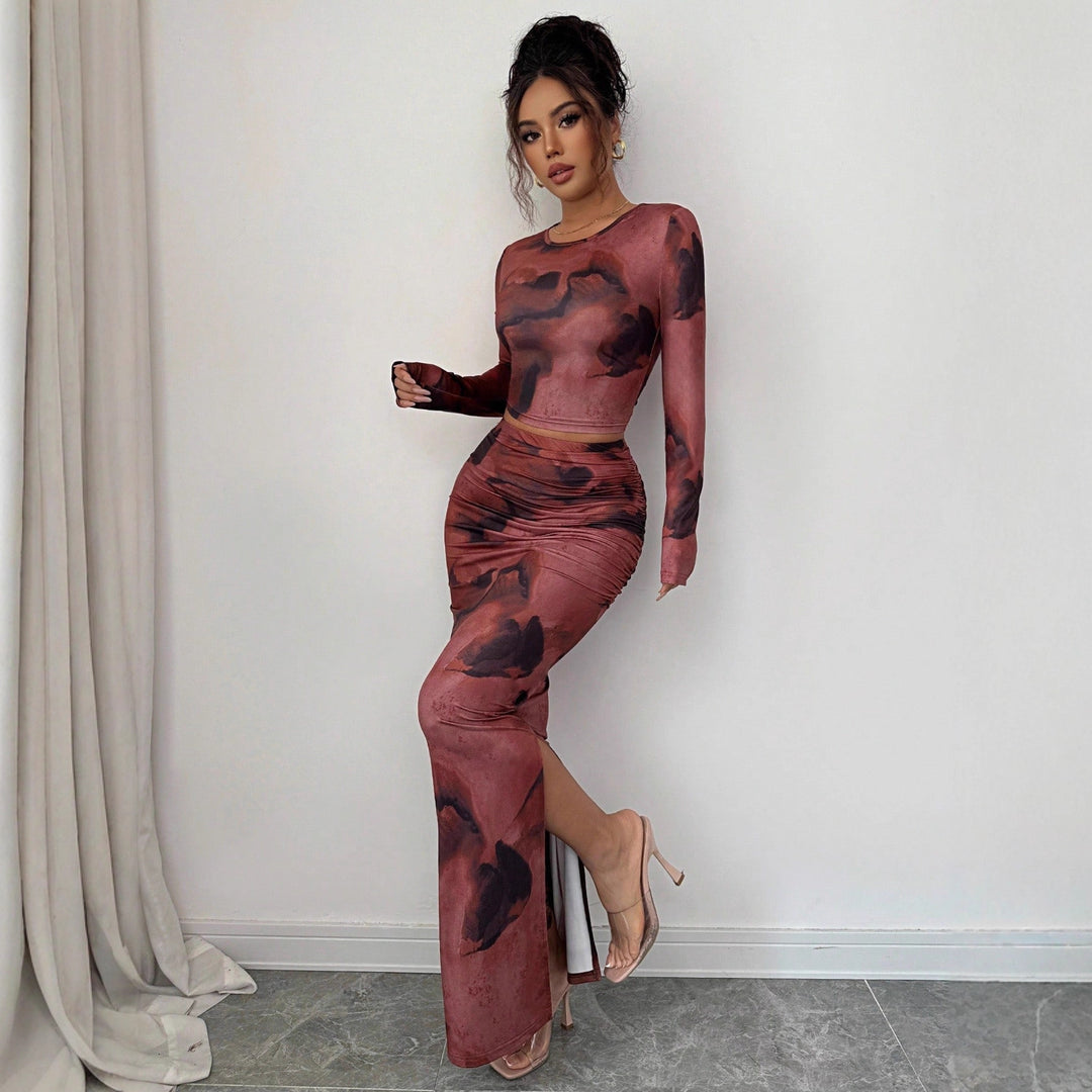 Damen nan zweiteiliges figurbetontes Set aus elastischem Mesh mit langärmligem Crop-Top, Daumenloch und gerafftem Midirock R&B