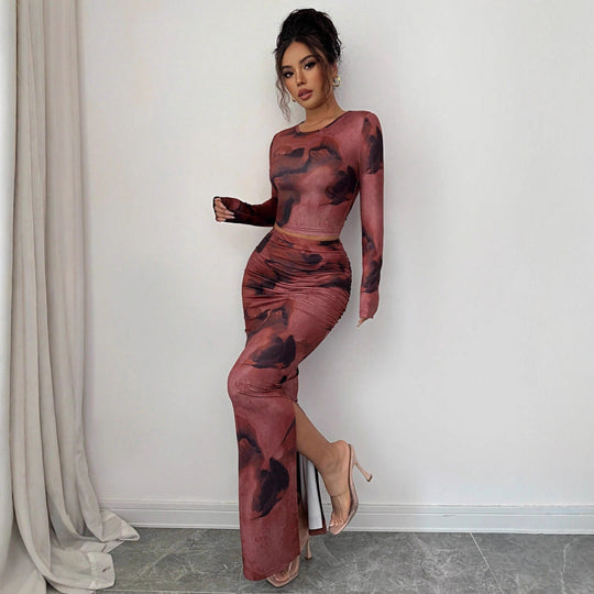 Damen nan zweiteiliges figurbetontes Set aus elastischem Mesh mit langärmligem Crop-Top, Daumenloch und gerafftem Midirock R&B