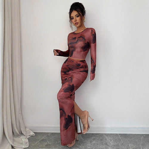 Damen nan zweiteiliges figurbetontes Set aus elastischem Mesh mit langärmligem Crop-Top, Daumenloch und gerafftem Midirock R&B