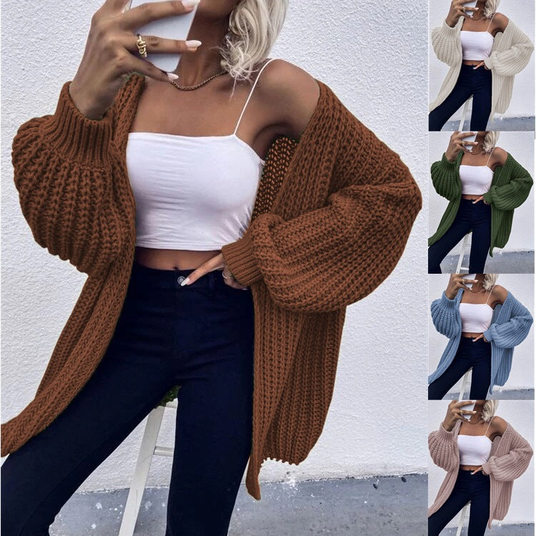 Damen Grobstrick-Cardigan mit voluminösen Ärmeln und offener Vorderseite R&B