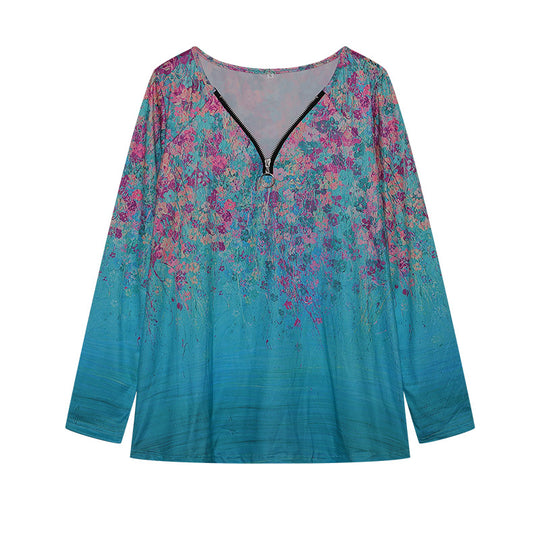 Damen Langarmshirt mit farbenfrohem Blütenmuster und modernem Zipper R&B