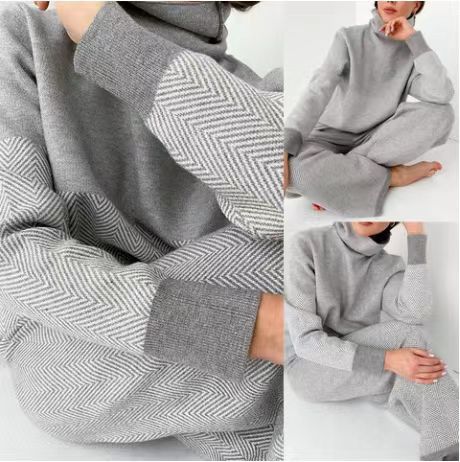 Damen Loungewear-Set mit hoher Kragen und strukturiertem Muster