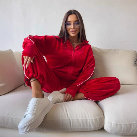 Damen elegantes Velours-Loungewear-Set im sportlichen Design mit kontrastierenden Streifen R&B