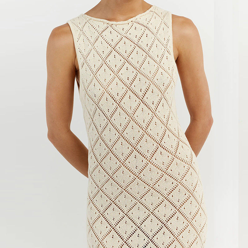 Damen Häkelkleid mit kreativem Rautenmuster und ärmellosem Schnitt R&B
