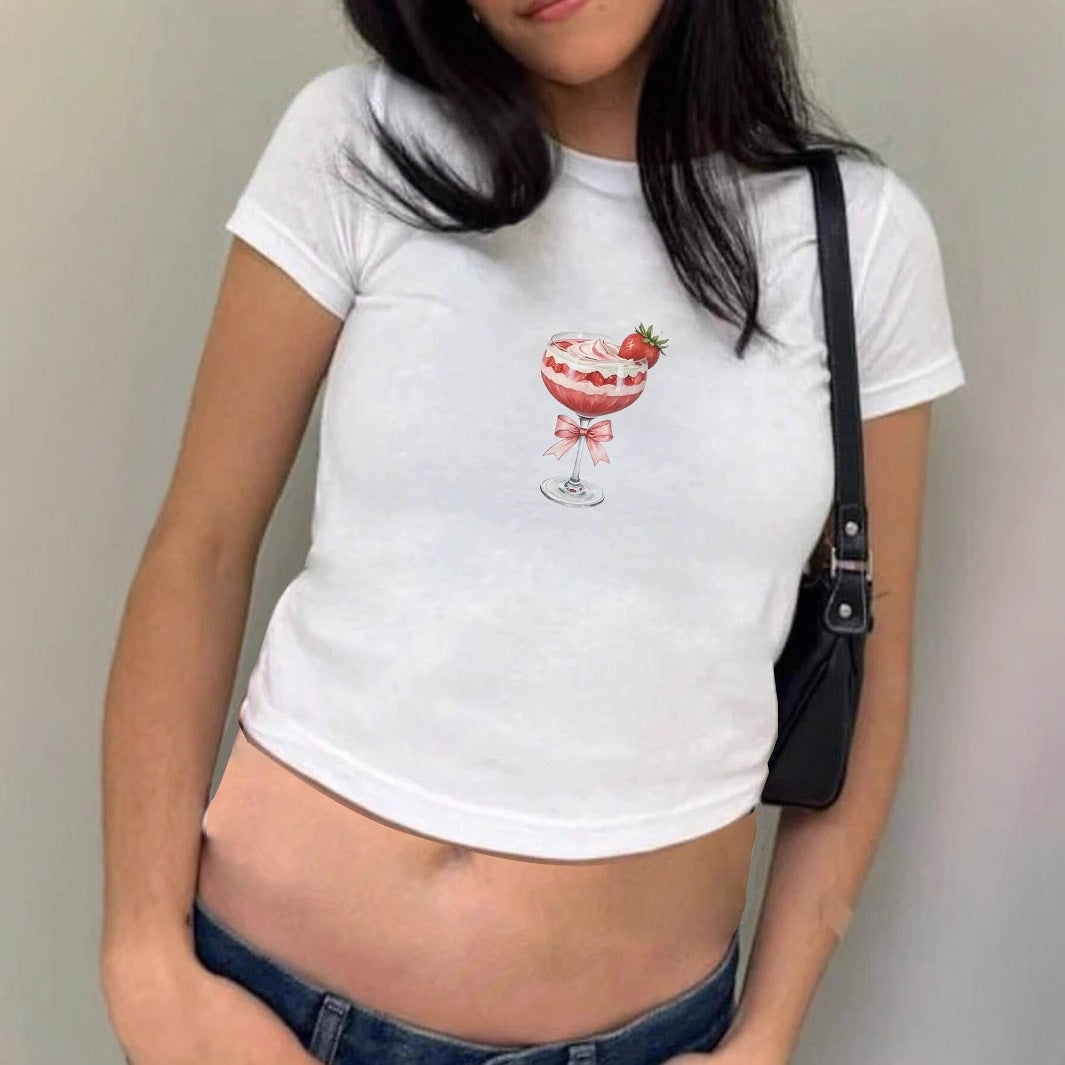 Damen Crop-T-Shirt mit kreativem Cocktail-Print und figurbetontem Schnitt R&B