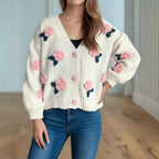 Damen Strickjacke mit floralen Applikationen und knöpfbarem Design R&B