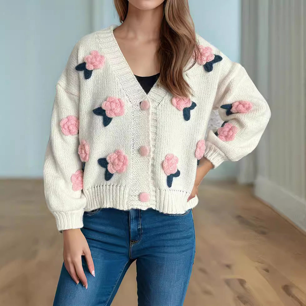 Damen Strickjacke mit floralen Applikationen und knöpfbarem Design R&B