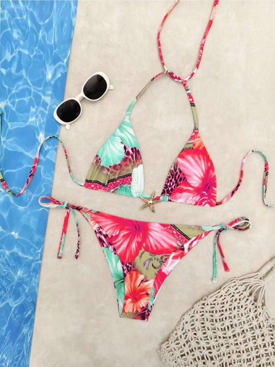 Damen Triangel-Bikini mit floralem Design und verstellbaren Bändern R&B