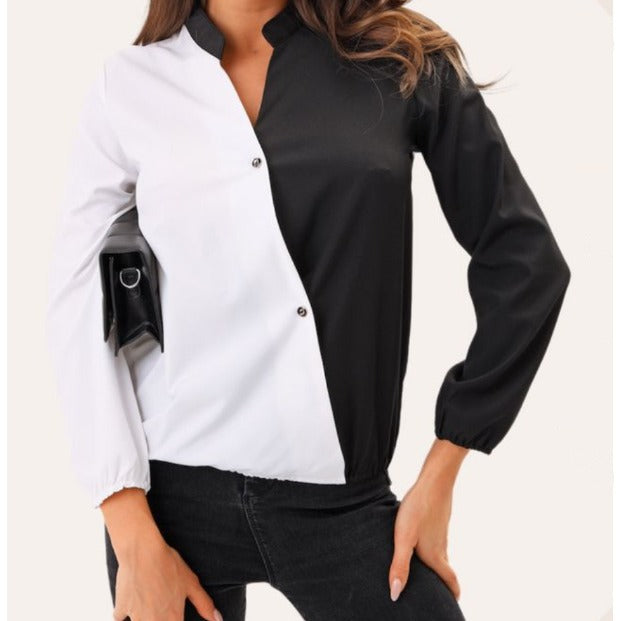 Damen Modische Bluse mit asymmetrischem Farbdesign und Teilungsnähten