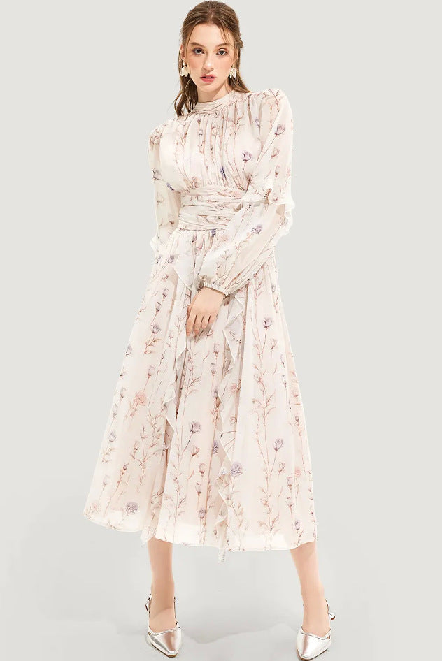 Damen Midi-Kleid mit floralen Stickereien und elegantem Rüschensaum R&B