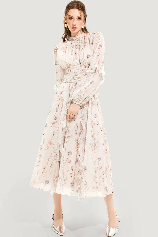 Damen Midi-Kleid mit floralen Stickereien und elegantem Rüschensaum R&B