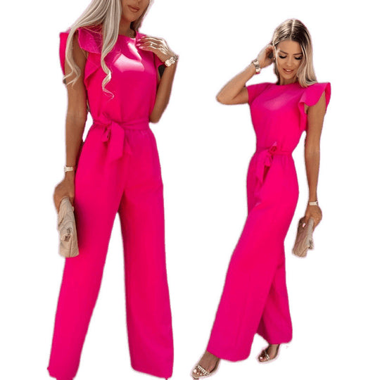 Frauen Fließender Weitbeiniger Jumpsuit mit Rüsche Ärmel R&B