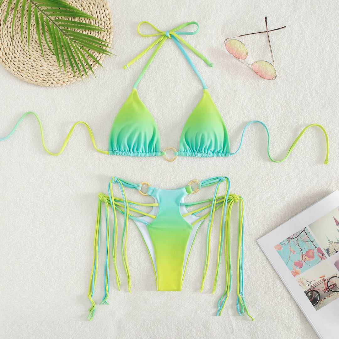 Damen Triangel-Bikini mit modischen Schnüroptik und schimmernden Ringdetails R&B
