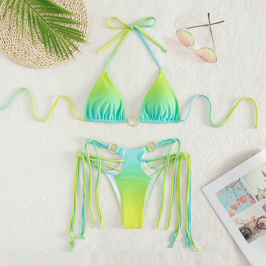 Damen Triangel-Bikini mit modischen Schnüroptik und schimmernden Ringdetails R&B