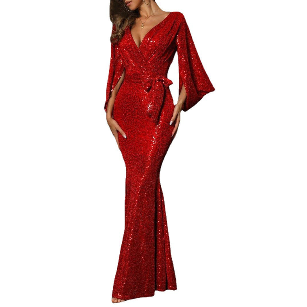 Damen Glamouröses Abendkleid mit schimmernden Pailletten und voluminösen Ärmeln R&B